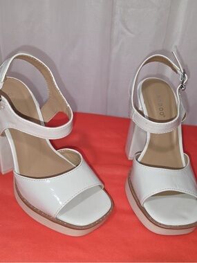 White Patent Block Heel Platform Sandals - Women